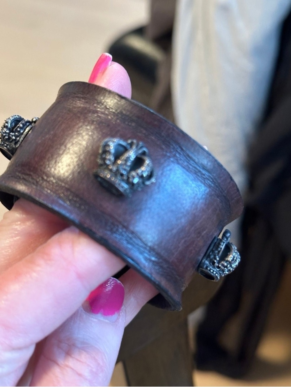 Royalty Collection Brown Leather Cuff Bracelet Crown 925 Silver Adjustable